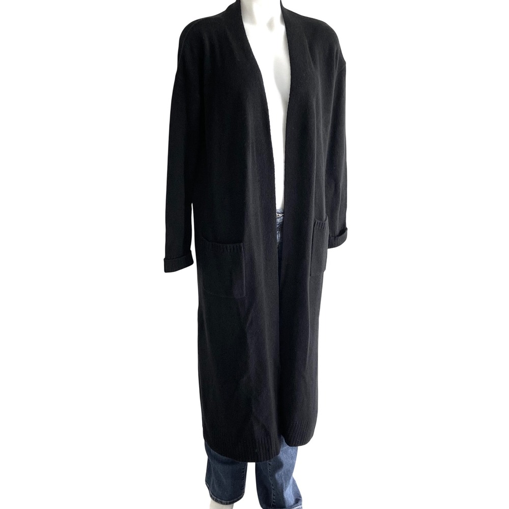 Tahari 100% 2-Ply Cashmere Duster Cardigan Black Open Front Long Sweater Large